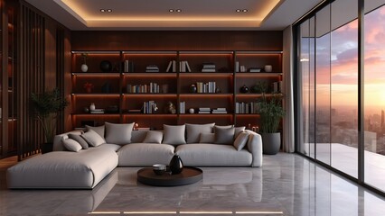 Dubai Apartment, Modern Minimalist Living Room with Sunset View