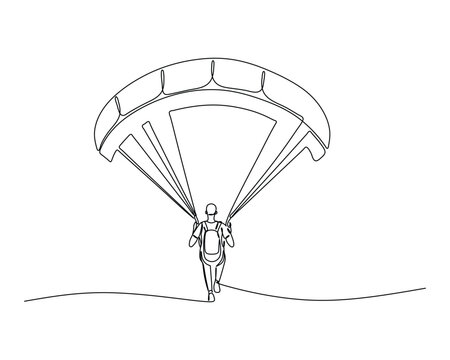 line drawing of a person with a parachute, seen from the back, either walking or running on a curved surface with the parachute open above them. Ideal for adventure, sport, and outdoor themes
