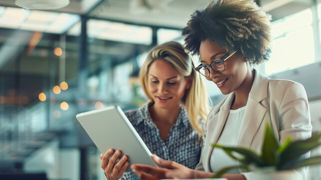 Two employees discussing projects using a tablet.