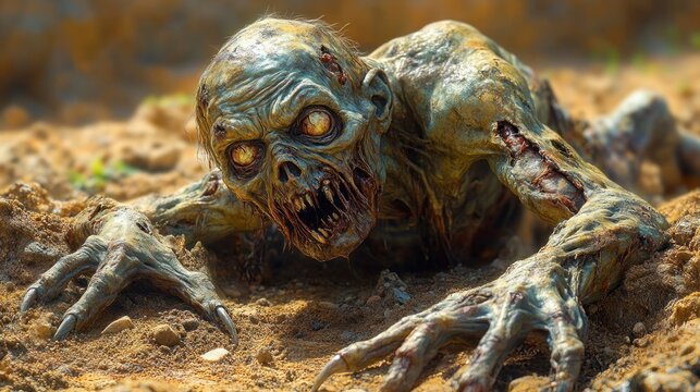 A grotesque zombie emerging from the ground 