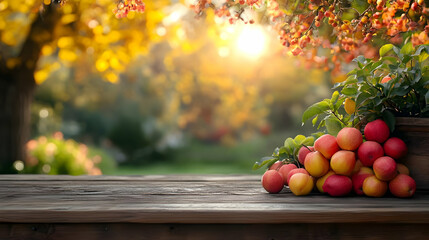 Autumn Apples on Wooden Table, Golden Sunlight, Harvest Scene