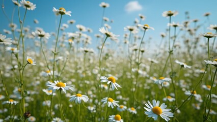 Serene Chamomile Field, Vibrant White Flowers Against a Sunny Blue Sky - Lush Meadow Landscape Photography