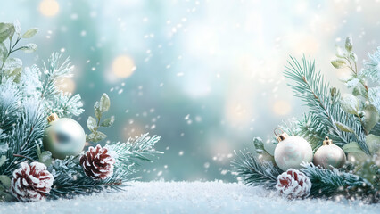 Fototapeta premium Christmas background with Christmas hanging balls, pine leaf. Xmas background with copy space and snowfall