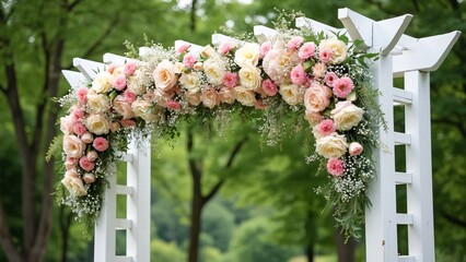 Elegant White Wedding Arbor Decorated with Pink & Cream Roses, Baby's Breath, Stock, and Gerbera Daisies for Outdoor Ceremony