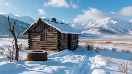 Serene Winter Landscape, Traditional Wooden Hut in Snow-Covered Carpathian Mountains