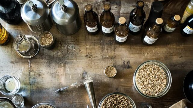 A homebrewing setup with various ingredients laid out, including malt, hops, and yeast, as an amateur brewer prepares to craft a batch of beer in their kitchen.