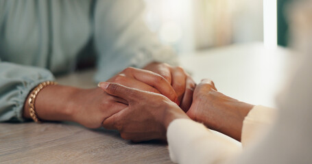 People, hands or empathy with therapist for counseling, understanding or therapy at office desk....