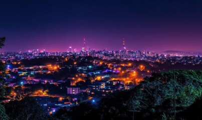 Fototapeta premium A vibrant city skyline illuminated at night with colorful lights.