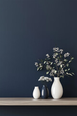 Minimal Navy Blue Interior, Tiny White Flowers and Branches In White and Navy Blue Vases On Wooden Shelf. Still Life, Ceramic Arrangement for Decoration. Copy Space.