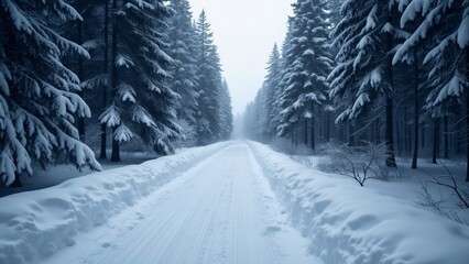 Obraz premium Snowy Forest Road, Cross-Country Ski Tracks in a Monochrome Winter Wonderland