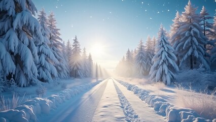 Stunning Winter Wonderland, Snow-Covered Road Through Icy Forest, High-Resolution Image