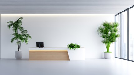 Modern reception area with plants and a sleek desk.