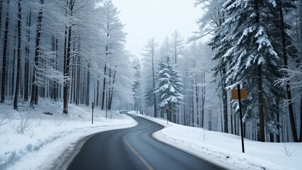 Fototapeta premium Serene Winter Landscape, Winding Asphalt Road Through Snow-Covered Forest with Empty Signpost