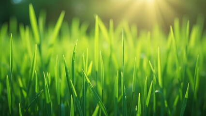 Fototapeta premium Lush Green Grass Blades Close-Up, Vibrant Nature Background for Design and Advertising