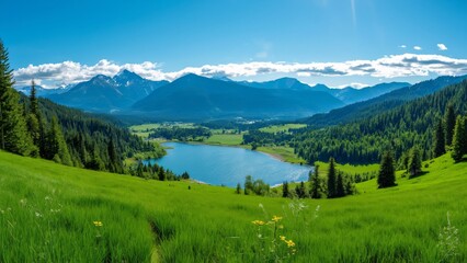 Fototapeta premium Stunning Hadley Valley Oregon Landscape, Lush Greenery, Blue Sky, Mountains, Lake, Forest - Wide Angle View