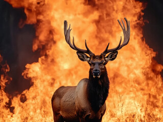 Climate change wildlife crisis concept. A majestic elk stands boldly amidst roaring flames, symbolizing resilience and the raw power of nature.