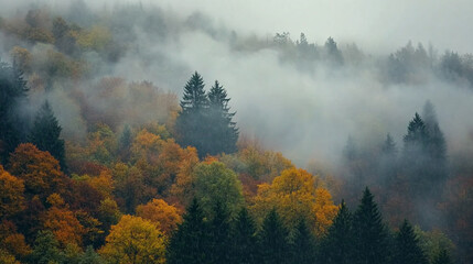 Fototapeta premium Beautiful autumn landscape with fog enveloping colorful trees in a forest