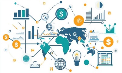 Illustration of global finance and data analytics concepts.