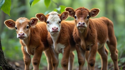 Adorable Multicolored Calves in Lush Green Woods, A Trio of Baby Cows
