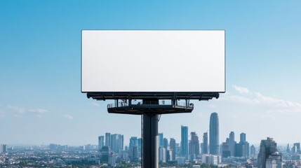 Fototapeta premium Blank billboard overlooking a city skyline under a clear blue sky.