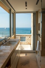 Fototapeta premium Luxurious seaside bathroom with ocean view and modern interior design.