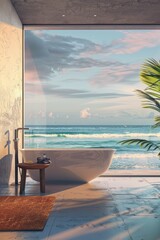 Fototapeta premium Luxurious oceanview bathroom with modern bathtub and tropical decor.