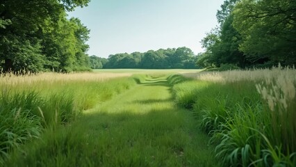 Obraz premium Serene UK Countryside, Grassy Field with Tall Grasses and Trees, Low Angle View