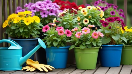 Vibrant Colorful Potted Flowers on Wooden Deck, Gardening Scene with Watering Can and Gloves