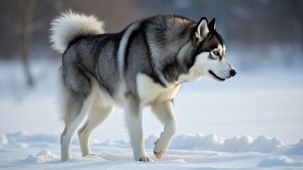 Fototapeta premium Majestic Alaskan Malamute Dog Walking in Snowy Landscape, Breathtaking Side View of a Gorgeous Fluffy Gray and White Canine in Winter Wonderland