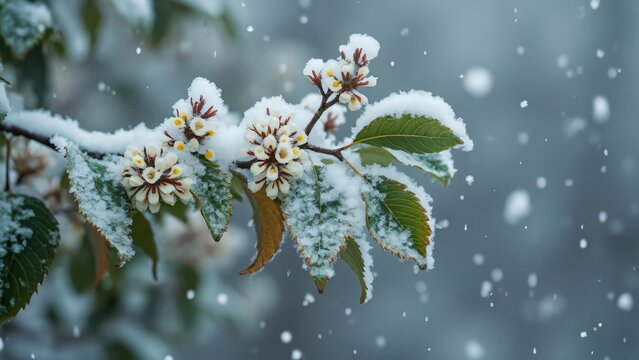 Snow-Covered Alder Branch with Delicate White Flowers in Winter Wonderland