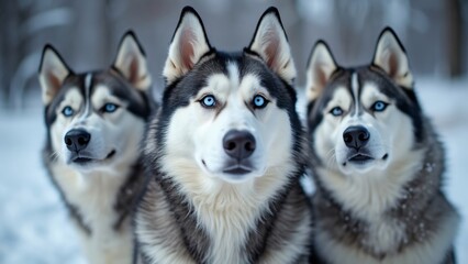 Obraz premium Stunning Close-up Portrait of Three Siberian Huskies with Blue Eyes in a Winter Wonderland Setting. Perfect for Banner Design, Pet Photography, and Winter Themes.