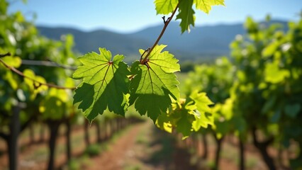 Lush Vineyard Landscape, Sunlit Grape Leaves, Blue Sky, Mountain View - Wide Angle Photography