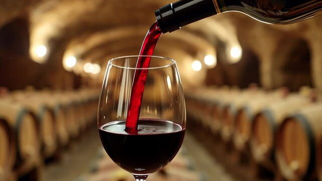 A glass of red wine being poured from a bottle in an elegant wine cellar, with rows of oak barrels in the background, showcasing the aging process of fine wines.
