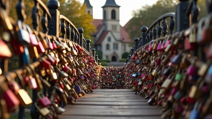 Obraz premium Colorful Love Locks on Old Church Bridge in Chodsko, Czech Republic, Detailed Photography of Romantic Symbols