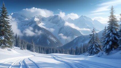 Panoramic Winter Wonderland, Snowy Carpathian Mountains with Ski Tracks