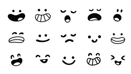 Set of funny face expressions and emotions, funny and sad, surprised and scared, smiling and laughing. Vector illustration, simple flat style, line art. Concept design for stickers, banners