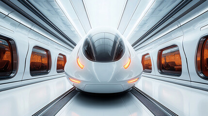 Fototapeta premium Close-up shot of a futuristic bullet train on a sleek white background, emphasizing advanced design and speed.