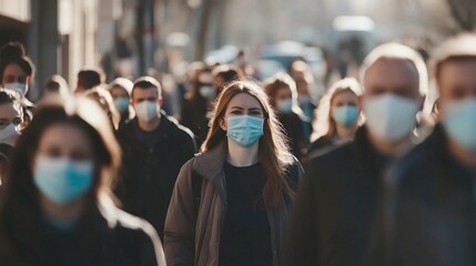 Fototapeta premium a group of people walking down a street wearing face masks