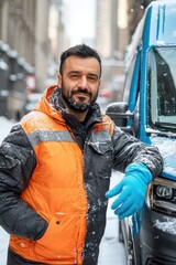 Fototapeta premium Winter delivery driver portrait urban street close-up snowy scene