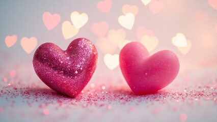 Glittery Pink Hearts Postcard, Valentine's Day Romantic Love Hearts with Shiny Bokeh Background