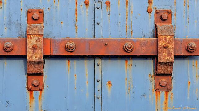Rusty metal gate latch on weathered blue corrugated metal.