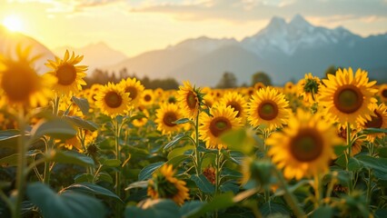 Fototapeta premium Vibrant Sunflower Field at Sunset, Macro Photography of Blooming Sunflowers with Mountain View