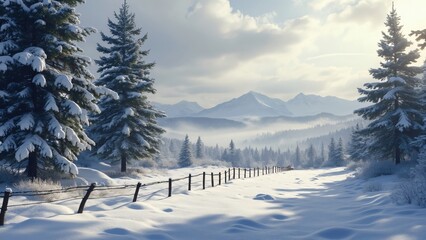 Serene Winter Landscape, Snow Covered Trees, Wooden Fence, and Mountain Range under Sunny Sky