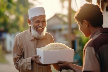 A Indian Muslim man giving rice in a white box to another person, smiling and happy, in a home background