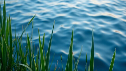 Close-Up Photorealistic Image of Vibrant Green Reeds by a Serene Blue Lake, Nature Photography