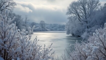 Winter Wonderland, Frozen Lake View Through Snowy Bushes, Icy Water, Cloudy Sky, Snow Covered Trees Branches