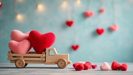 Valentine's Day Wooden Toy Truck with Plush Hearts, Romantic Background, Pastel Colors, String Lights, Delivery of Love Concept