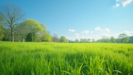 Fototapeta premium Vibrant Spring Meadow, Lush Green Grass, Blue Sky, and Distant Trees - Hyperrealistic Landscape Photography