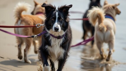 Long-haired Border Collie Leads Dog Pack on Summer Beach Walk, Close-up Rear View Photography