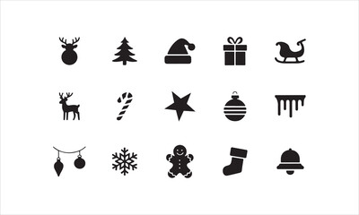 Christmas icons: black silhouette vector set. Includes tree, food, gifts, and other holiday symbols.